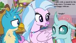 Size: 800x450 | Tagged: safe, edit, edited screencap, editor:korora, screencap, gallus, ocellus, silverstream, griffon, g4, the hearth's warming club, amused, cute, dialogue, diaocelles, diastreamies, gallabetes, implied terramar, jewelry, necklace, noodle incident, pearl necklace, school of friendship