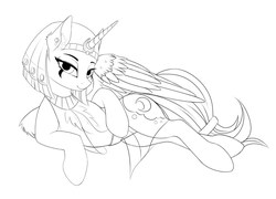 Size: 1046x754 | Tagged: safe, artist:lightly-san, princess luna, alicorn, pony, g4, chest fluff, clothes, ear piercing, female, humanoid torso, lineart, looking at you, lunambula, mare, monochrome, piercing, sketch, smiling, solo, wip