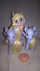 Size: 1840x3264 | Tagged: safe, artist:edhelistar, derpibooru exclusive, derpy hooves, human, pony, equestria girls, g4, brushable, clothes, doll, equestria girls minis, eqventures of the minis, food, human ponidox, irl, muffin, multeity, photo, self paradox, self ponidox, toy, trio, unstoppable force of derp