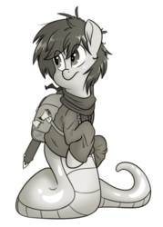 Size: 1500x2100 | Tagged: safe, artist:fluffyxai, oc, oc only, lamia, original species, snake pony, buck legacy, backpack, badumsquish approved, clothes, grayscale, monochrome, scarf, simple background, solo, sword, weapon, white background