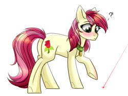 Size: 1600x1200 | Tagged: safe, artist:cloud-fly, roseluck, earth pony, pony, g4, behaving like a cat, blushing, collar, commissioner:doom9454, cute, digital art, female, laser pointer, looking at something, mare, pet tag, pony pet, rosabetes, rosepet, simple background, solo, transparent background