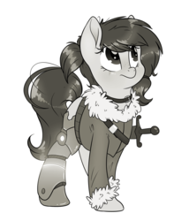Size: 3000x3500 | Tagged: safe, artist:fluffyxai, oc, oc only, oc:willow grace, pony, buck legacy, amputee, clothes, coat, freckles, grayscale, high res, monochrome, prosthetic leg, prosthetic limb, prosthetics, simple background, solo, sword, weapon, white background