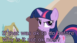 Size: 1365x768 | Tagged: safe, edit, edited screencap, screencap, twilight sparkle, pony, unicorn, g4, it's about time, annoyed, female, image macro, mare, meme, reaction image, solo, text, unicorn twilight