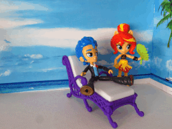 Size: 640x480 | Tagged: safe, artist:whatthehell!?, adagio dazzle, flash sentry, sunset shimmer, equestria girls, g4, animated, beach, boots, chair, clothes, doll, dress, equestria girls minis, falling, gif, jewelry, meme, ocean, ponied up, prank, sandals, sarong, shoes, stop motion, swimsuit, toy, waifu thief