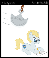 Size: 1800x2150 | Tagged: safe, artist:djdavid98, artist:pirill, oc, oc only, oc:star farer, earth pony, pony, acme, birthday gift, border, chains, deadline, drawing, glasses, happy birthday, impending doom, lying down, pencil, pendulum axe, rust, simple background, solo, text, transparent background
