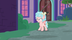 Size: 1280x720 | Tagged: safe, screencap, cozy glow, pegasus, pony, g4, school raze, angry, bow, cozy glow is best facemaker, cozy glow is not amused, defeated, evil, female, filly, foal, furious, gritted teeth, messy, messy mane, night, smoke, solo, villainous breakdown