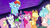 Size: 1280x720 | Tagged: safe, screencap, applejack, cozy glow, fluttershy, pinkie pie, rainbow dash, rarity, spike, twilight sparkle, alicorn, dragon, earth pony, pegasus, pony, g4, school raze, season 8, angry, bow, defeated, female, filly, floppy ears, flying, foal, freckles, furious, glare, male, mane seven, mane six, mare, messy mane, night, raised eyebrow, spread wings, twilight sparkle (alicorn), uh oh, winged spike, wings, you dun goofed