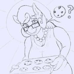 Size: 1000x1000 | Tagged: safe, artist:banbanji, posey shy, anthro, g4, baking sheet, breasts, busty posey shy, cleavage, clothes, cookie, dress, ear piercing, earring, explicit source, female, food, glasses, jewelry, looking at you, milf, monochrome, necklace, oven mitts, pearl necklace, piercing, question mark, smiling, solo