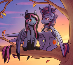 Size: 1024x911 | Tagged: safe, artist:ak4neh, oc, oc only, oc:alpha jet, oc:lost, pegasus, pony, autumn, autumn leaves, female, headphones, hug, leaves, male, mare, music notes, scenery, shipping, singing, sitting, sitting in a tree, stallion, straight, tree, tree branch, winghug