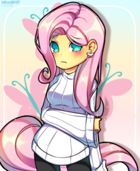 Size: 900x1100 | Tagged: safe, artist:miruukiiart, fluttershy, equestria girls, g4, clothes, ear piercing, earring, female, hand on arm, jewelry, looking at you, no pupils, piercing, solo, sweater