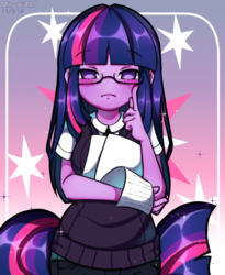 Size: 900x1100 | Tagged: safe, artist:miruukiiart, twilight sparkle, equestria girls, g4, clothes, female, glasses, looking at you, paper, solo, sweater