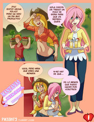Size: 850x1100 | Tagged: safe, artist:7nights, applejack, big macintosh, fluttershy, human, comic:apples of her eye, g4, adonis belt, apple, belly button, belt, breasts, bucket, cleavage, clothes, comic, cowboy hat, explicit source, female, food, front knot midriff, hat, humanized, implied straight, jeans, juice, lemonade, light skin, male, midriff, moderate dark skin, pants, shirt, spanish, stetson, sweater, sweatershy, working
