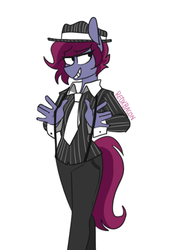 Size: 440x624 | Tagged: safe, artist:redxbacon, oc, oc only, oc:blazing heart, anthro, anthro oc, clothes, female, grin, hat, mare, necktie, pinstripes, shirt, smiling, solo, suit, suspenders