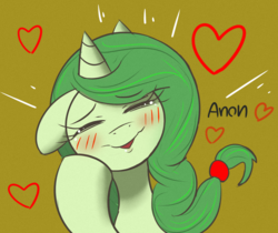 Size: 1586x1333 | Tagged: safe, artist:nignogs, oc, oc only, pony, unicorn, blushing, colored, colt, crying, cute, cyoa, eyes closed, heart, hoof hold, implied anon, lips, male, smiling, solo, spookie, tears of joy, trap