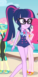 Size: 309x630 | Tagged: safe, screencap, fluttershy, pinkie pie, sci-twi, twilight sparkle, equestria girls, g4, my little pony equestria girls: better together, unsolved selfie mysteries, clothes, cropped, feet, female, fluttershy's wetsuit, geode of telekinesis, glasses, magical geodes, ponytail, sandals, sci-twi swimsuit, smiling, swimsuit