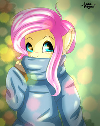 Size: 1280x1600 | Tagged: safe, artist:lucaaegus, fluttershy, pegasus, pony, g4, blue, blue sweater, bust, christmas, clothes, cute, ear fluff, female, holiday, looking at you, mare, pink, portrait, shyabetes, solo, sweater, sweatershy, three quarter view, turtleneck