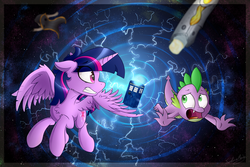 Size: 1024x683 | Tagged: safe, artist:sentireaeris, spike, twilight sparkle, alicorn, dragon, pony, g4, doctor who, fangs, female, gritted teeth, lightning, looking at each other, male, mare, open mouth, sonic screwdriver, tardis, teeth, thirteenth doctor, time vortex, twilight sparkle (alicorn)