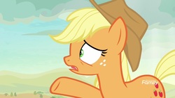 Size: 1920x1080 | Tagged: safe, screencap, applejack, earth pony, pony, g4, sounds of silence, cowboy hat, cutie mark, discovery family logo, female, hat, mare, pointing, sad, solo, stetson, worried