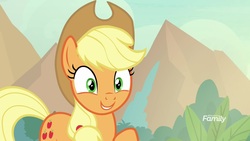 Size: 1920x1080 | Tagged: safe, screencap, applejack, earth pony, pony, g4, sounds of silence, applejack's hat, cowboy hat, cute, female, hat, jackabetes, mare, smiling, solo