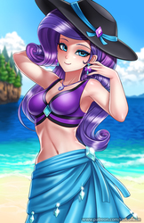 Size: 750x1160 | Tagged: safe, artist:racoonsan, rarity, human, equestria girls, equestria girls series, forgotten friendship, g4, arm behind head, armpits, beach, beach babe, beautiful, beautisexy, belly button, breasts, clothes, cloud, cute, ear piercing, earring, female, geode of shielding, hat, humanized, jewelry, looking at you, magical geodes, midriff, nail polish, necklace, piercing, rarity's blue sarong, rarity's purple bikini, sarong, sexy, sky, smiling, solo, stupid sexy rarity, sun hat, swimsuit, water
