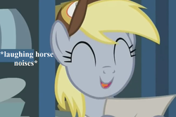 Size: 972x648 | Tagged: safe, edit, edited screencap, editor:korora, screencap, derpy hooves, pony, best gift ever, g4, cropped, cute, derpabetes, descriptive noise, female, funny (reaction image), hat, horse noises, mailmare hat, paper, post office, reaction image, solo, text