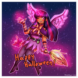 Size: 3674x3674 | Tagged: safe, artist:mylittleyuri, twilight sparkle, alicorn, human, g4, adorasexy, broom, clothes, cute, dark skin, female, flying, flying broomstick, glowing horn, halloween, high res, holiday, horn, horned humanization, humanized, sexy, socks, solo, stockings, thigh highs, twilight sparkle (alicorn), winged humanization, wings, witch