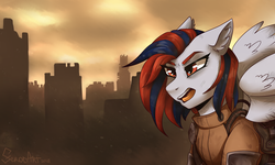 Size: 3000x1800 | Tagged: safe, artist:serodart, oc, oc only, oc:ruby hawk, pegasus, pony, fallout equestria, angry, armor, city, cityscape, fallout, female, open mouth, raider, ruins, solo, town