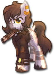 Size: 655x900 | Tagged: safe, artist:tiothebeetle, oc, oc only, oc:phisa, pony, zebra, fallout equestria, clothes, dock, ear piercing, earring, fallout equestria: dead end, female, gun, handgun, jacket, jewelry, mouth hold, piercing, pipbuck, pistol, simple background, solo, stripes, torn ear, transparent background, yellow eyes