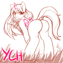 Size: 2048x2048 | Tagged: safe, artist:yasuokakitsune, oc, oc only, alicorn, pony, advertisement, butt, commission, flower, grass, grass field, high res, looking at you, looking back, plot, smiling, solo, ych example, your character here