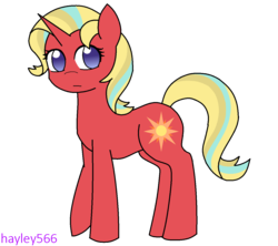 Size: 1280x1138 | Tagged: safe, artist:hayley566, oc, oc only, oc:sunshine blaze, pony, unicorn, icey-verse, female, magical lesbian spawn, mare, next generation, offspring, parent:starlight glimmer, parent:sunset shimmer, parents:shimmerglimmer, raised hoof, simple background, solo, transparent background