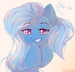 Size: 1250x1200 | Tagged: safe, artist:melloncollie-chan, trixie, pony, unicorn, g4, bust, covering mouth, dialogue, female, laughing, looking at you, mare, portrait, smiling, solo, speech bubble