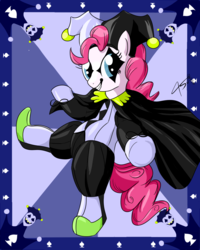 Size: 1000x1250 | Tagged: safe, artist:asajiopie01, pinkie pie, earth pony, pony, g4, spoiler:deltarune, clothes, clown makeup, cosplay, costume, deltarune, female, jester, jester pie, jevil, solo, standing, standing on one leg