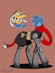 Size: 1920x2560 | Tagged: safe, artist:derpanater, oc, oc only, oc:cold iron, oc:vibraphone echo, bicorn, dullahan, monster pony, pony, undead, fallout equestria, fallout equestria: dance of the orthrus, blue fire, brown background, clothes, commission, disembodied head, fanfic art, gambeson, horn, modular, orange background, plate armor, scarf, simple background, solo, tail wrap