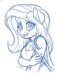 Size: 2550x3300 | Tagged: safe, artist:latecustomer, fluttershy, anthro, g4, breasts, busty fluttershy, cleavage, clothes, cute, daaaaaaaaaaaw, female, heart eyes, high res, hnnng, looking at you, mare, monochrome, shyabetes, simple background, sketch, smiling, solo, wingding eyes