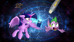 Size: 3555x2000 | Tagged: safe, alternate version, artist:sentireaeris, spike, twilight sparkle, alicorn, dragon, pony, g4, doctor who, female, gritted teeth, high res, lighting, looking at each other, looking back, male, mare, open mouth, sonic screwdriver, tardis, teeth, thirteenth doctor, time vortex, twilight sparkle (alicorn)