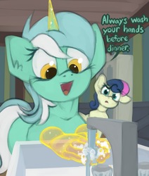 Size: 1073x1265 | Tagged: safe, artist:marsminer, bon bon, lyra heartstrings, sweetie drops, earth pony, pony, g4, comic, confused, cute, female, funny, hand, lyrabetes, magic, magic hands, silly, silly pony, sink, that pony sure does love hands, wat