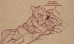 Size: 2500x1500 | Tagged: safe, artist:yoditax, applejack, rarity, earth pony, pony, unicorn, g4, 30 minute art challenge, blushing, clothes, cute, dialogue, eyepatch, female, jackabetes, lesbian, looking at each other, love, mare, monochrome, pirate, raribetes, ship:rarijack, shipping, smiling