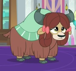 Size: 623x583 | Tagged: safe, screencap, sandbar, yona, yak, g4, school raze, cloven hooves, cropped, cute, female, frown, monkey swings, offscreen character, solo focus, yonadorable