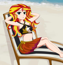 Size: 7080x7309 | Tagged: safe, artist:anonix123, sunset shimmer, equestria girls, g4, my little pony equestria girls: better together, absurd resolution, armpits, beach, beach babe, belly button, clothes, fainting couch, female, human coloration, looking at you, ocean, sand, sarong, solo, stupid sexy sunset shimmer, swimsuit