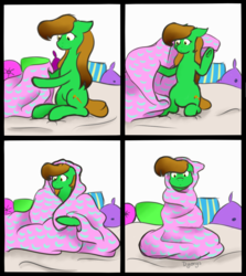Size: 1053x1181 | Tagged: safe, artist:dyonys, oc, oc only, oc:lucky brush, earth pony, pony, blanket, comic, female, mare, pillow