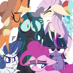 Size: 1000x1000 | Tagged: safe, artist:dragonpone, derpibooru exclusive, mean applejack, mean fluttershy, mean pinkie pie, mean rainbow dash, mean rarity, mean twilight sparkle, queen chrysalis, alicorn, changeling, changeling queen, earth pony, pegasus, pony, unicorn, g4, the mean 6, :<, :c, angry, annoyed, argument, bags under eyes, bipedal, bipedal leaning, chest fluff, clone, clone six, confused, crossed arms, crossed hooves, curved horn, eyes closed, facing away, fangs, female, floppy ears, flying, former queen chrysalis, freckles, frown, glare, horn, i'm surrounded by idiots, leaning, lidded eyes, lineless, looking at you, looking down, mare, mean six, mommy chrissy, open mouth, pouting, prone, regret, sad, sharp teeth, shoulder freckles, shrunken pupils, simple background, sitting, smiling, spread wings, teeth, tongue out, transparent background, unamused, underhoof, wall of tags, wide eyes, wings, yelling