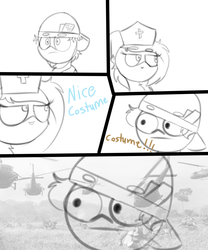 Size: 2500x3000 | Tagged: safe, artist:claudearts, oc, oc:lionheart, oc:ponepony, army helmet, comic strip, dialogue, gun, halloween, helicopter, helmet, high res, holiday, nurse outfit, party, playing card, ptsd, sketch, vietnam flashback, weapon