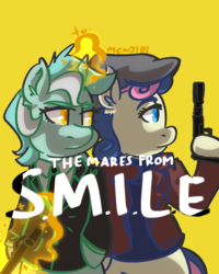 Size: 1000x1250 | Tagged: safe, artist:mewy101, bon bon, lyra heartstrings, sweetie drops, lyra and bon bon and the mares from s.m.i.l.e., my little pony chapter books, bipedal, clothes, duo, ear fluff, flat cap, gun, hat, hoof hold, looking away, magic, movie poster, necktie, parody, s.m.i.l.e., secret agent sweetie drops, simple background, suit, telekinesis, the man from u.n.c.l.e, weapon, yellow background