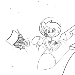 Size: 1280x1280 | Tagged: safe, artist:tjpones, oc, oc only, pony, astronaut, black and white, female, floating, grayscale, headset, magnet, mare, monochrome, simple background, smiling, solo, space, spaceship, spacesuit, white background
