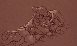 Size: 2500x1500 | Tagged: safe, artist:yoditax, applejack, rarity, earth pony, pony, unicorn, g4, 30 minute art challenge, blushing, clothes, cute, eyepatch, female, jackabetes, lesbian, looking at each other, love, mare, monochrome, pirate, raribetes, ship:rarijack, shipping, smiling