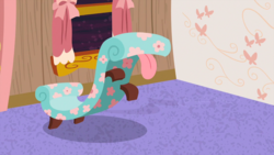 Size: 1440x810 | Tagged: safe, screencap, discordant harmony, g4, ambiguous gender, chase lounge, fainting couch, living object, rearing, solo, tongue out