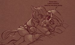 Size: 2500x1500 | Tagged: safe, artist:yoditax, applejack, rarity, earth pony, pony, unicorn, g4, 30 minute art challenge, blushing, clothes, cute, dialogue, eyepatch, female, jackabetes, lesbian, looking at each other, love, mare, monochrome, pirate, pun, raribetes, ship:rarijack, shipping, smiling
