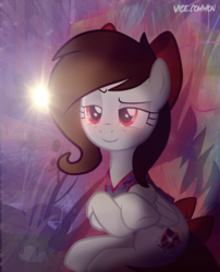 Size: 3016x3733 | Tagged: safe, artist:vice common, color edit, edit, oc, oc only, oc:whisper hope, pegasus, pony, abstract background, colored, crossed hooves, female, high res, lens flare, logo, looking away, mare, red eyes, shading, solo
