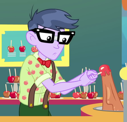 Size: 893x861 | Tagged: safe, screencap, microchips, equestria girls, equestria girls series, g4, rollercoaster of friendship, apple, caramel apple (food), clothes, cropped, food, glasses, male, misleading thumbnail, solo