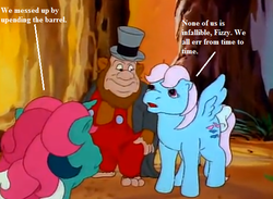 Size: 551x404 | Tagged: safe, edit, edited screencap, editor:korora, screencap, fizzy, wind whistler, dell dweller, pegasus, pony, g1, mish mash melee, my little pony 'n friends, cropped, dialogue, female, hat, male, mare
